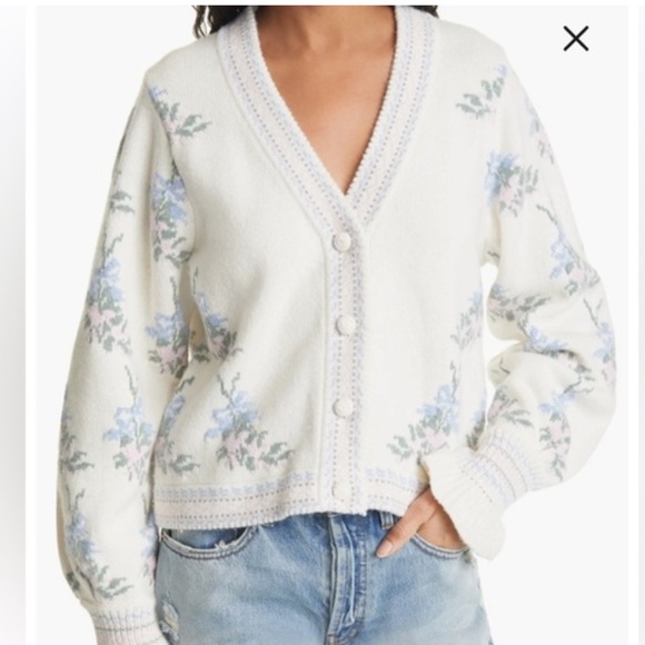 LoveShackFancy Sweaters - Love Shack Fancy Floral Knit Cardigan Sweater - White and Blue